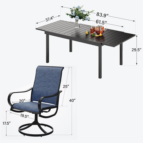 9-Pcs Patio Dining Set with Expandable Table & Denim Blue Textilene Swivel Chair