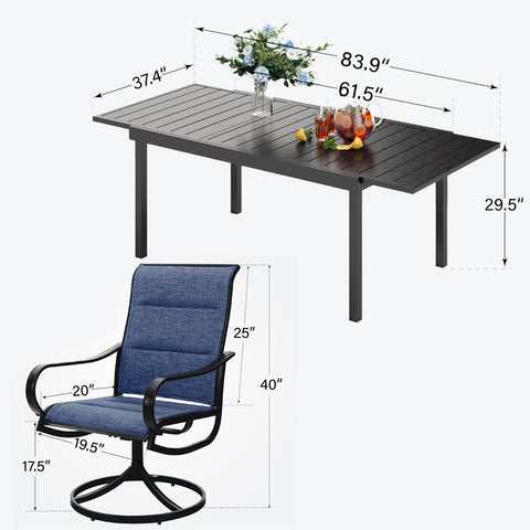 9-Pcs Patio Dining Set with Expandable Table & Denim Blue Textilene Swivel Chair