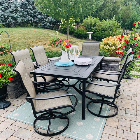7-Piece Patio Dining Set Geometrically Stamped Rectangle Table & Textilene Swivel Chairs