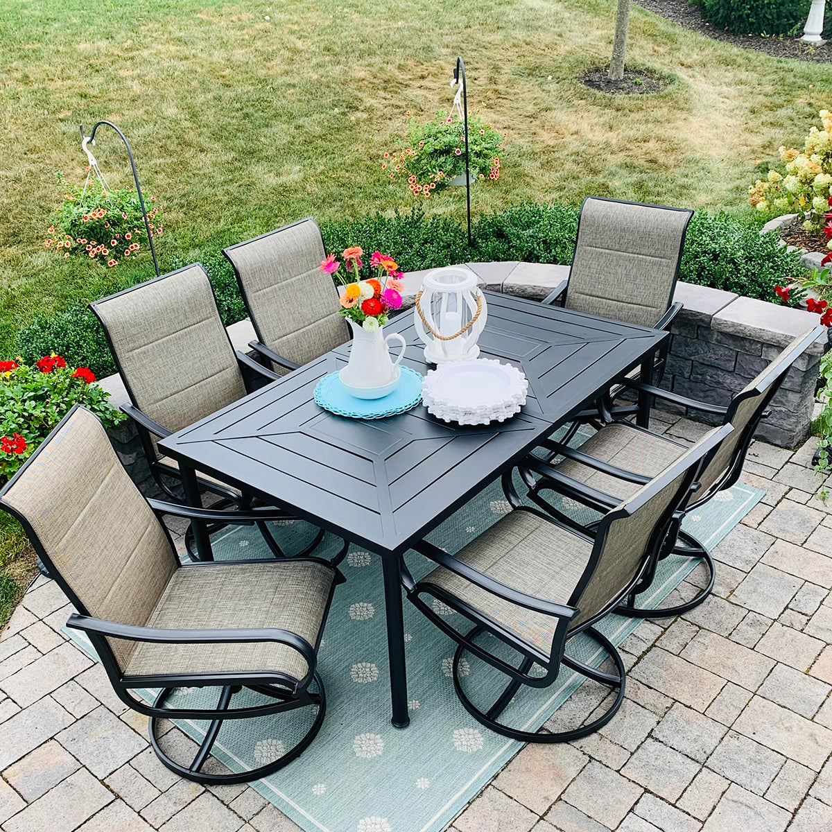 7-Piece Patio Dining Set Geometrically Stamped Rectangle Table & Textilene Swivel Chairs