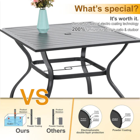 6-Piece Patio Dining Set with Umbrella Square Metal Dining Table & 4 Cushioned Rattan Chairs