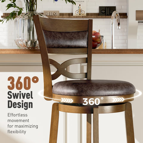 PHI VILLA Rustic Wood Bar Stool with Unique X-Shaped Upholstered Back for Kitchen