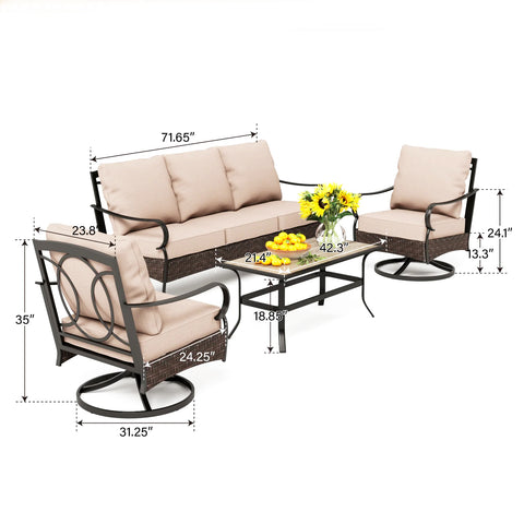 5-Seat Thick Cushion Steel-Rattan Patio Conversation Sofa Set with Coffee Table