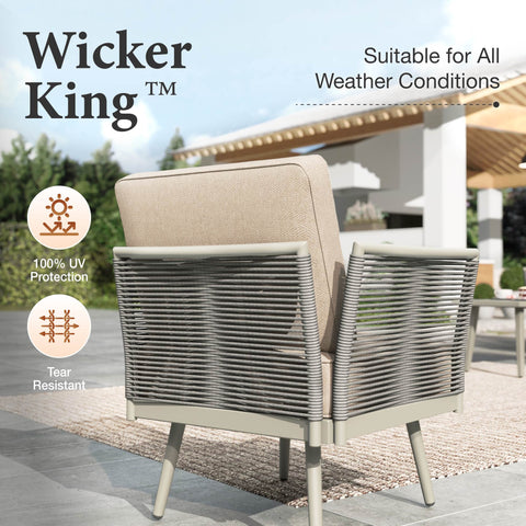 5 Seats Wicker Patio Conversation Sofa Set with Classic Rope Rattan Style