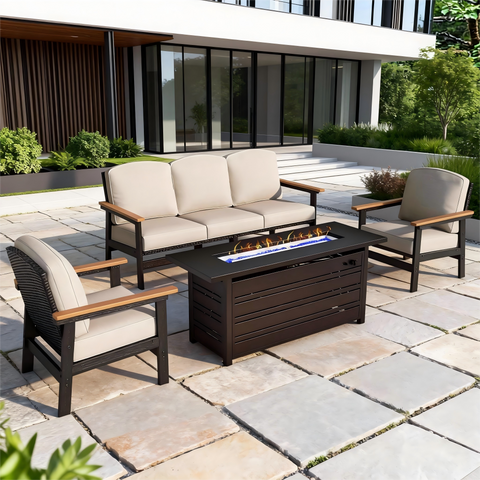5-Seater Wicker Rattan & HDPE Outdoor Conversation Sofa Set with Coffee Table