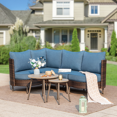Outdoor Round Curved Wicker Conversation Sofa Set with Navy Cushions and 2 Coffee Tables