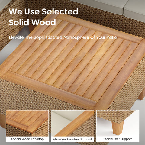 Outdoor Rattan Conversation Sofa Set with Acacia Wood Coffee Table