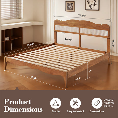 Classic Wooden Bed Frame with Rattan Headboard