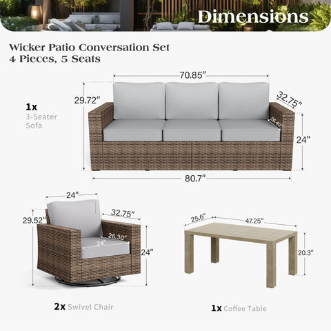 Luxury 5 Seats Wicker Patio Conversation Sofa Set with Swivel Chairs