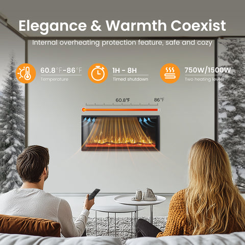 Premium Wall Mounted & Recessed Electric Fireplace with Remote Control