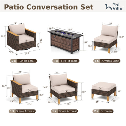 7-Seat Luxurious Half-moon Rattan Sofa with 56" Rattan Fire Pit Table