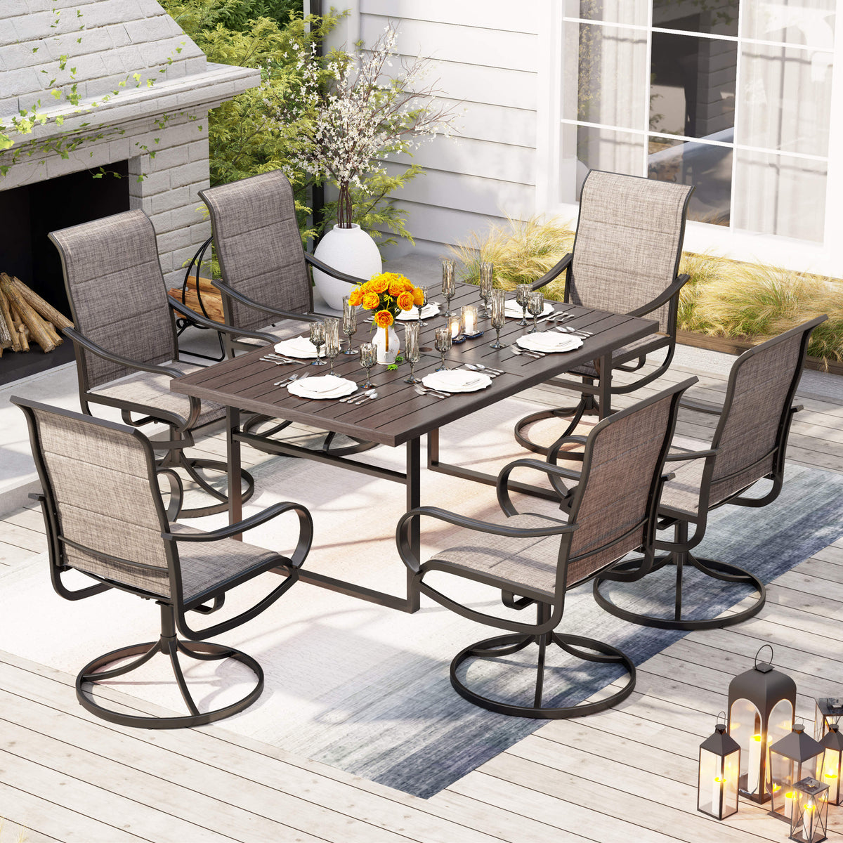 7-Piece Patio Dining Sets Wood-grain Pattern U-shaped-leg Table & Textilene Swivel Chairs