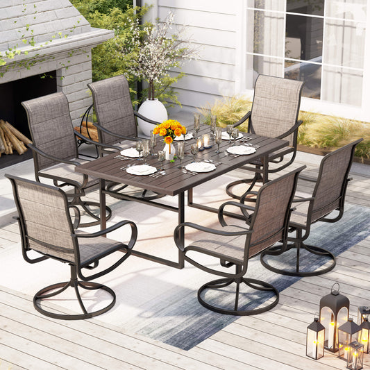 7-Piece Patio Dining Sets Wood-grain Pattern U-shaped-leg Table & Textilene Swivel Chairs