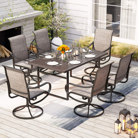 7-Piece Patio Dining Sets Wood-grain Pattern U-shaped-leg Table & Textilene Swivel Chairs