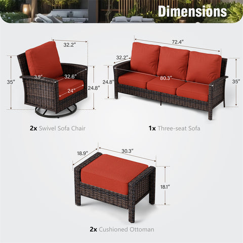 5 Seats Wicker Patio Conversation Sofa Set with Swivel Chairs