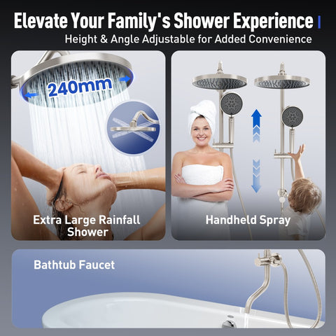 Brushed Nickel Multi-Function Rain Shower Head with Handheld Spray and Adjustable Height