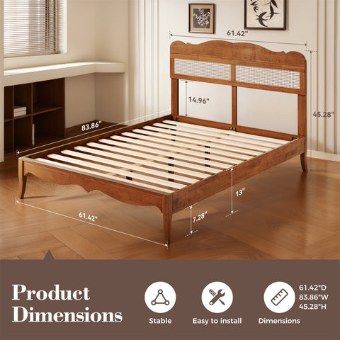 Classic Wooden Bed Frame with Rattan Headboard