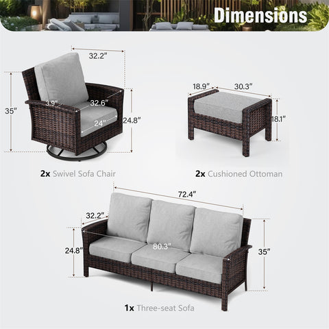 5 Seats Wicker Patio Conversation Sofa Set with Swivel Chairs