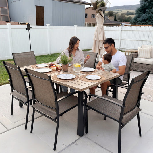 7-Piece Farmhouse Style Wood Grain Table & Textilene Fixed Chair Patio Dining Set
