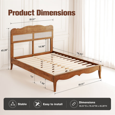 Classic Wooden Bed Frame with Rattan Headboard