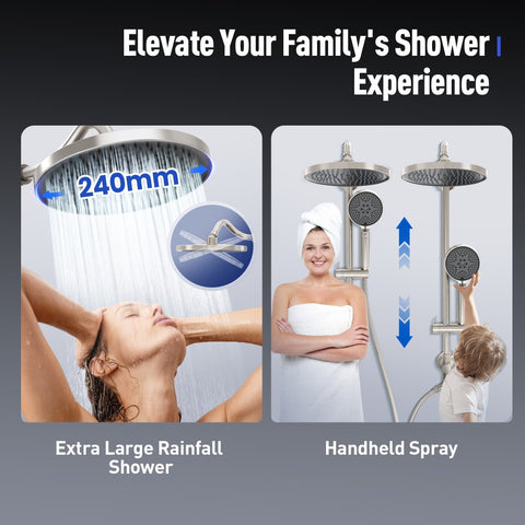 Brushed Nickel Multi-Function Rain Shower Head with Handheld Spray and Adjustable Height