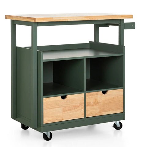 PHI VILLA Rubber Wood Tabletop Kitchen Island Cart with Drawers and Towel Rack, Green