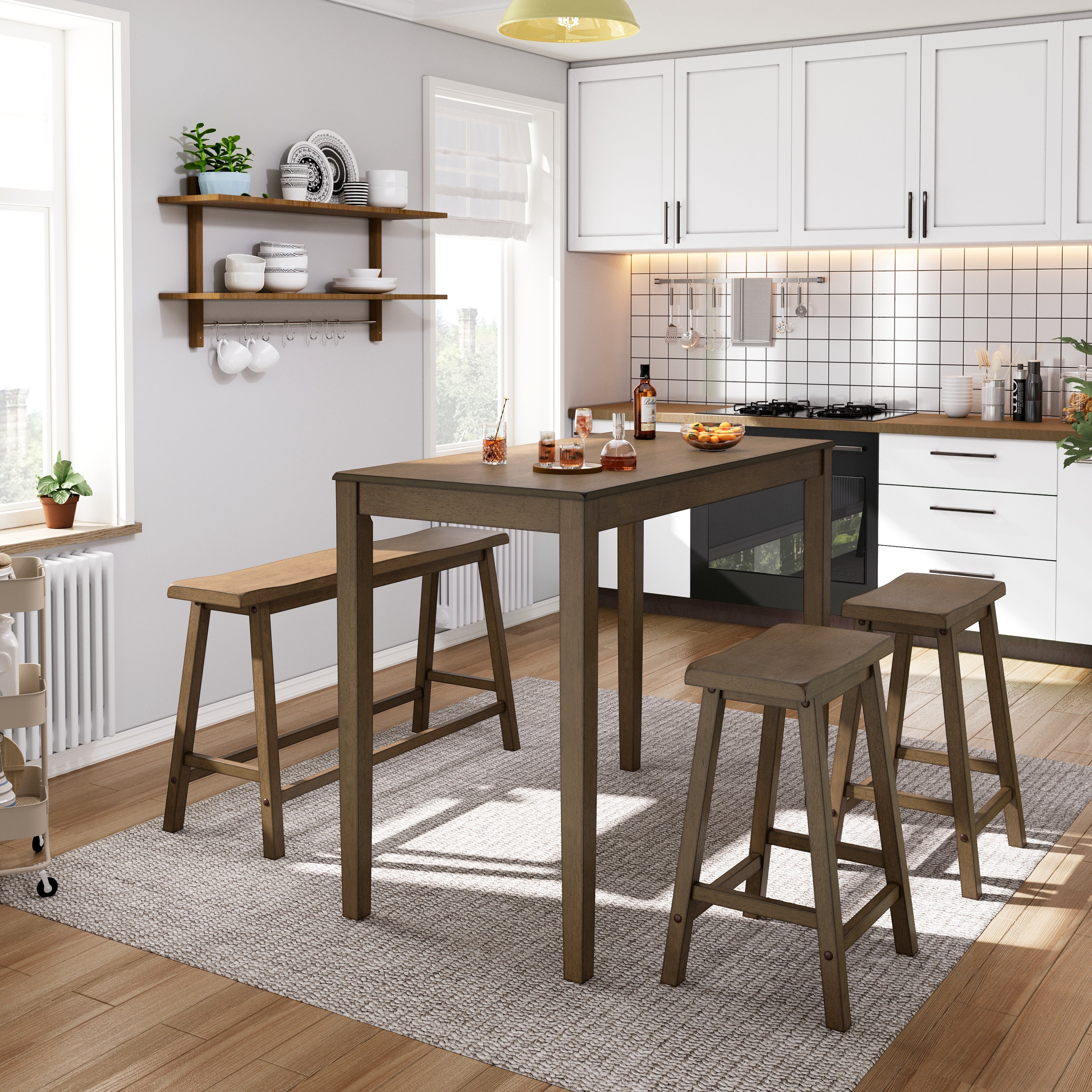 4-Piece Solid Wood Bar Table Set with Saddle Stools and Bench