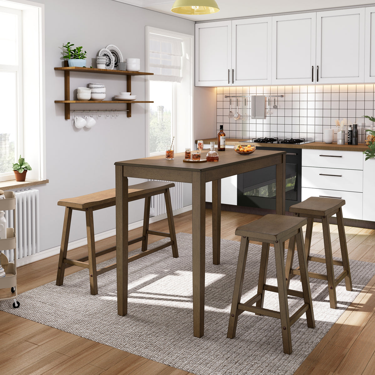 4-Piece Solid Wood Bar Table Set with Saddle Stools and Bench