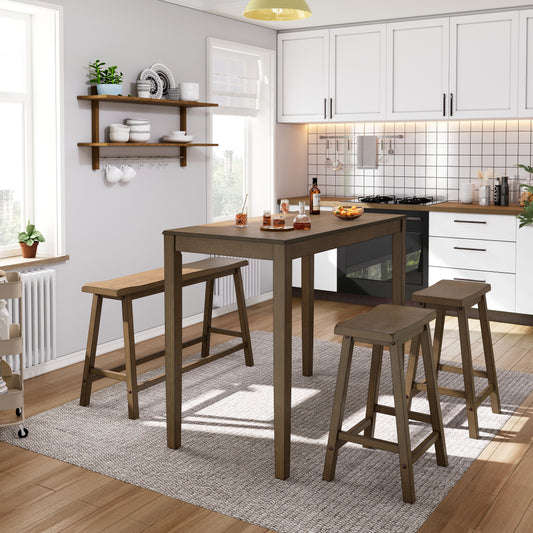 4-Piece Solid Wood Bar Table Set with Saddle Stools and Bench