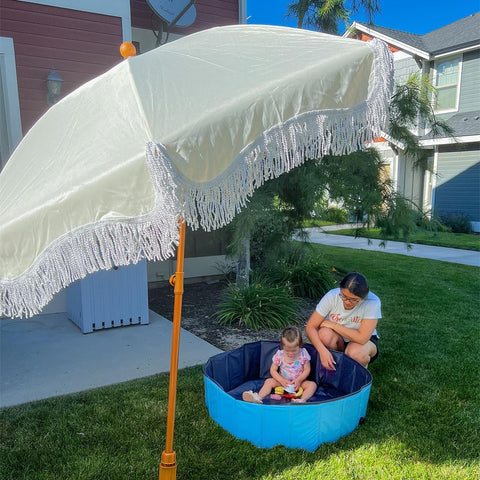 7ft Auto-Tilt Beach Tassel Umbrella With Handy Carry Bags