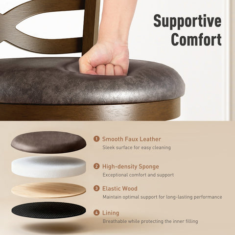 PHI VILLA Rustic Wood Bar Stool with Unique X-Shaped Upholstered Back for Kitchen