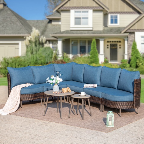 Outdoor Round Curved Wicker Conversation Sofa Set with Navy Cushions and 2 Coffee Tables