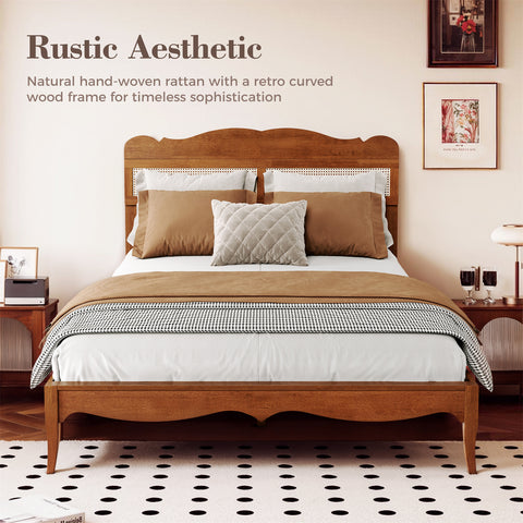Classic Wooden Bed Frame with Rattan Headboard