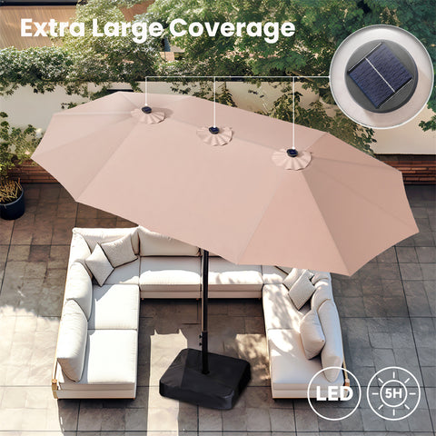 15ft Extra Large Double-Sided Patio Umbrella with Solar Powered LED Lights (Base Included)