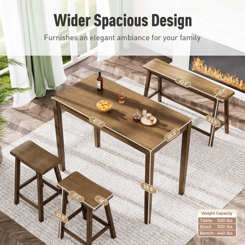 4-Piece Solid Wood Bar Table Set with Saddle Stools and Bench