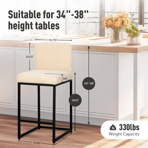 24" Corduroy Counter Height Bar Stool with Backrest- Set of 4