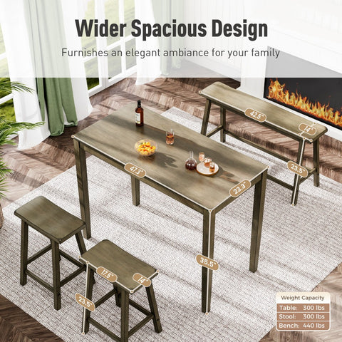 4-Piece Solid Wood Bar Table Set with Saddle Stools and Bench
