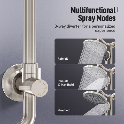 Brushed Nickel Multi-Function Rain Shower Head with Handheld Spray and Adjustable Height