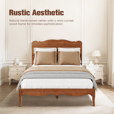 Classic Wooden Bed Frame with Rattan Headboard