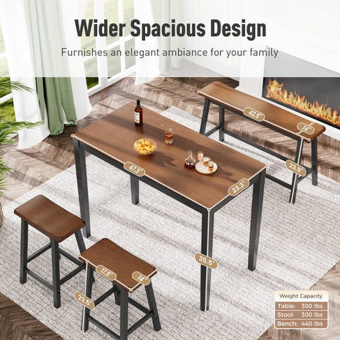 4-Piece Solid Wood Bar Table Set with Saddle Stools and Bench