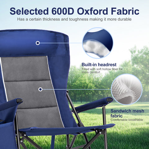 LET'S CAMP Oversized Camping Chairs High Back Heavy Duty Lawn Chair Support 500LBS, Portable Collapsible Chair with Cup Holder, Side Pocket(Blue)
