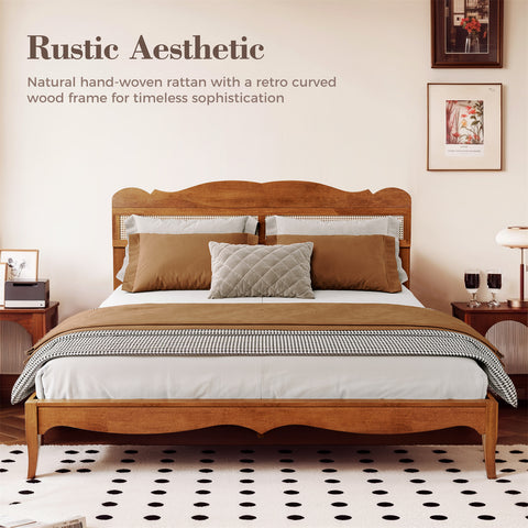 Classic Wooden Bed Frame with Rattan Headboard