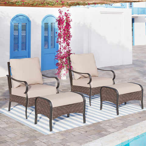 2-Seater Rattan-steel Cushioned Outdoor Conversation Set with Ottomans