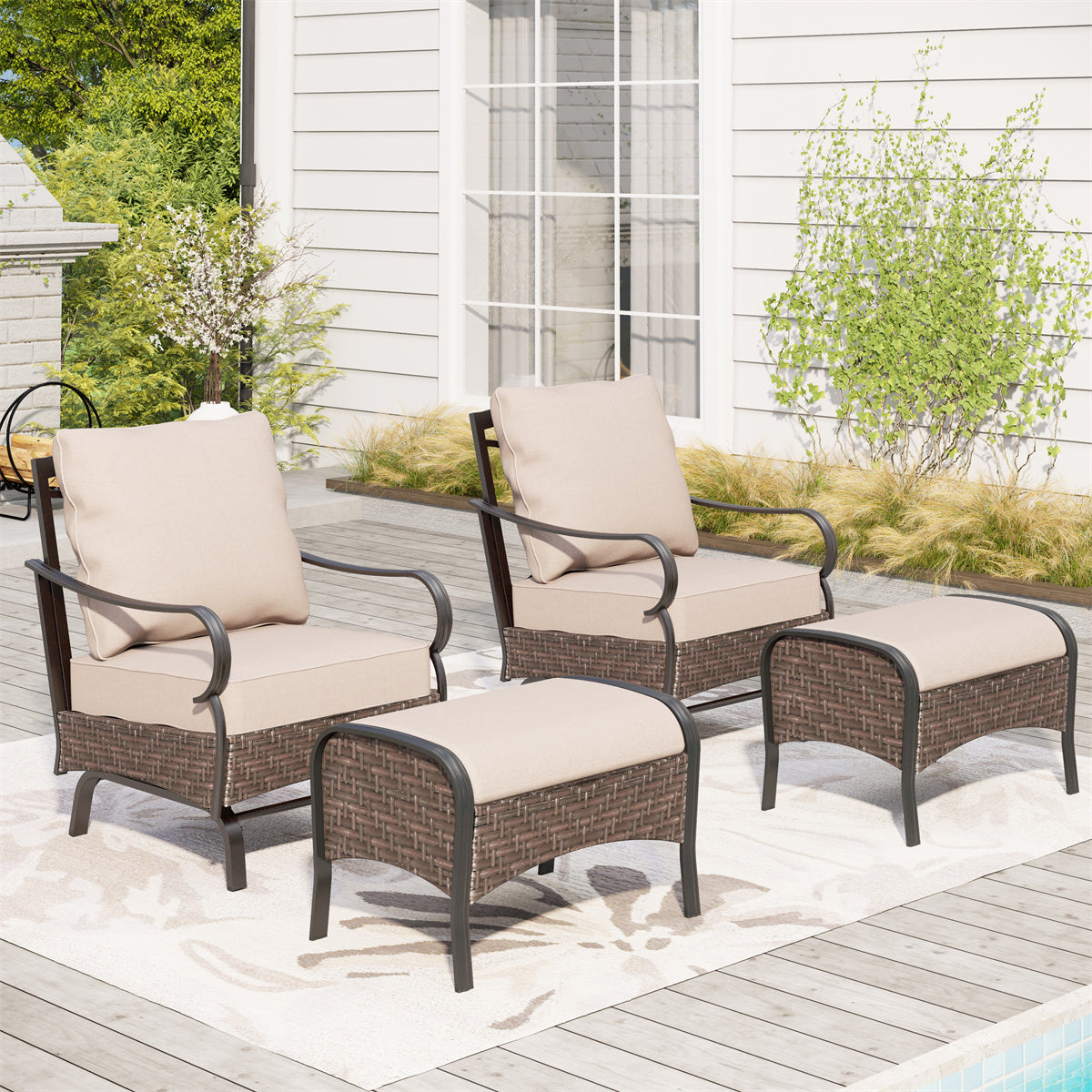 2-Seater Rattan-steel Cushioned Outdoor Conversation Set with Ottomans