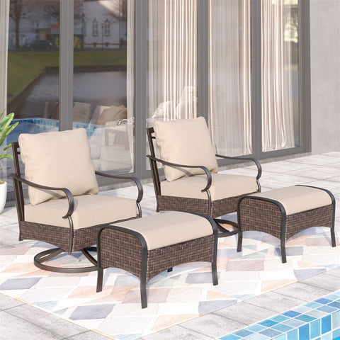 2-Seater Rattan-steel Cushioned Outdoor Conversation Set with Ottomans