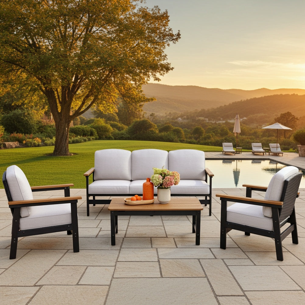 5-Seater Wicker Rattan & HDPE Outdoor Conversation Sofa Set with Coffee Table