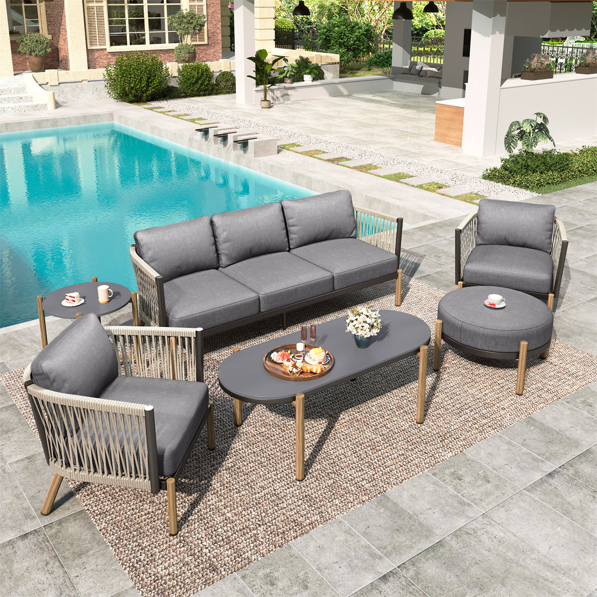 Shop our 5-seater patio conversation sofa set today to elevate your outdoor gatherings with stunning rope weaving and inviting comfort.