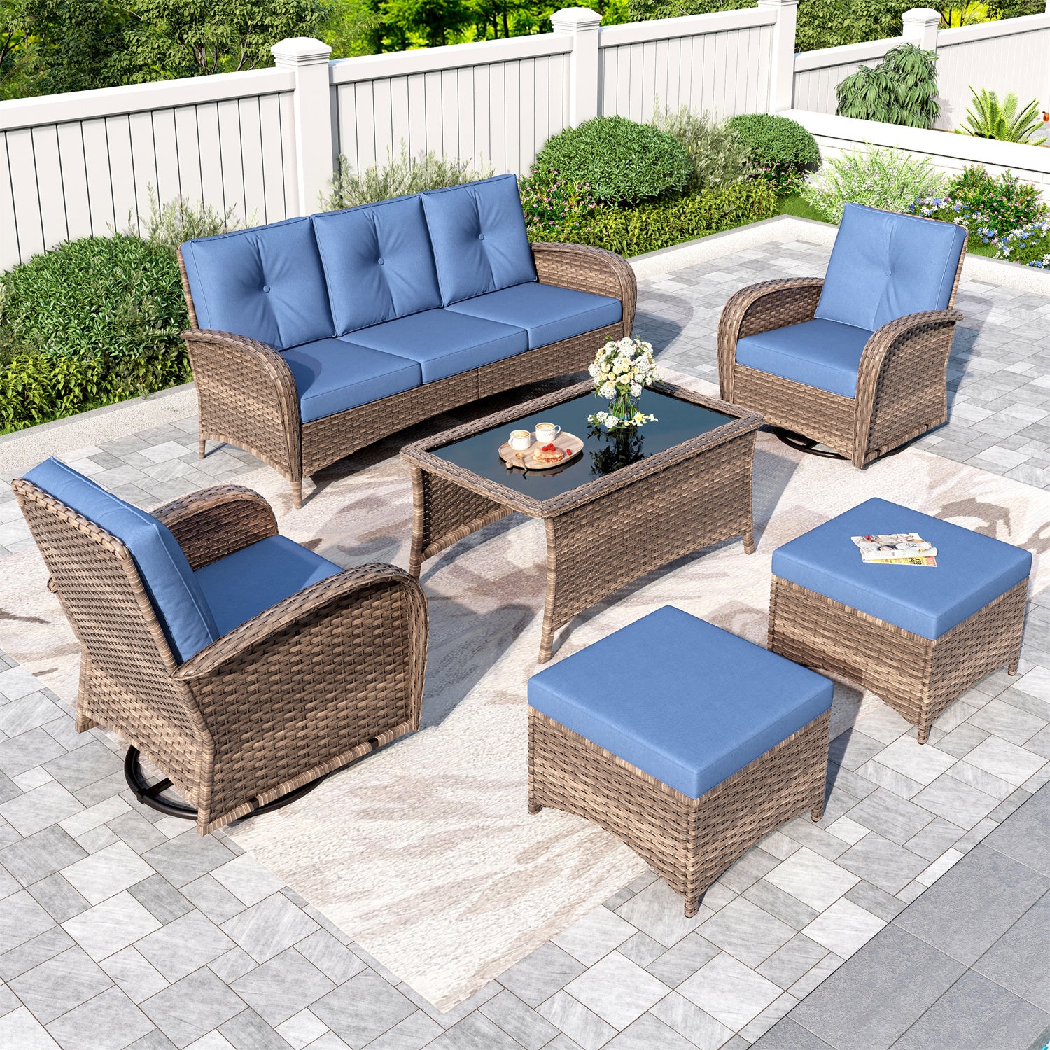 Shop our 5-seater swivel outdoor sofa set now to enjoy luxurious comfort and transform your patio into a cozy retreat.