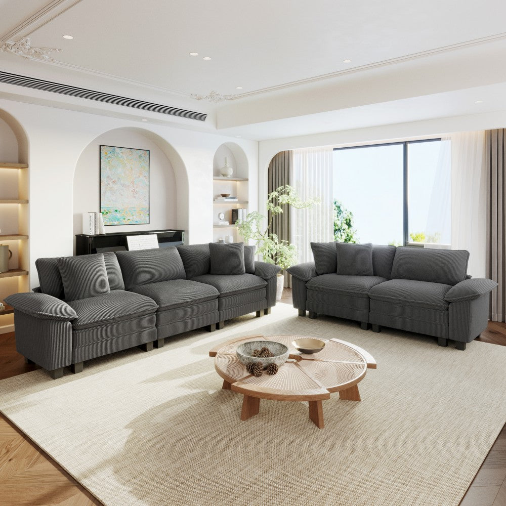 Modern living room with 5 seats corduroy gray sectional sofas 