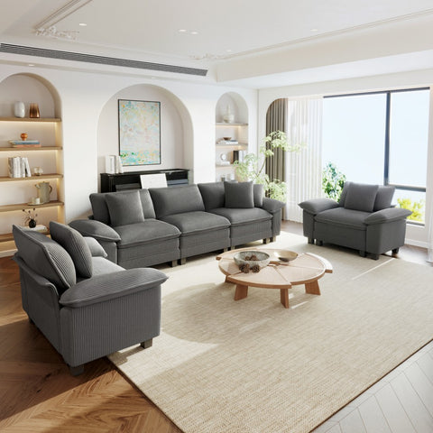 Modern living room with gray 5-Seater modular corduroy sectional cloud sofa 